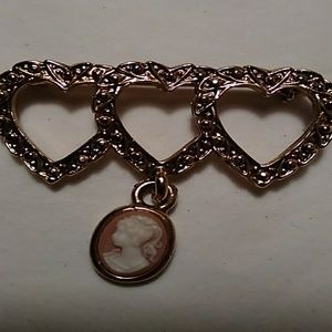 Triple Heart Gold Tone Brooch with Cameo